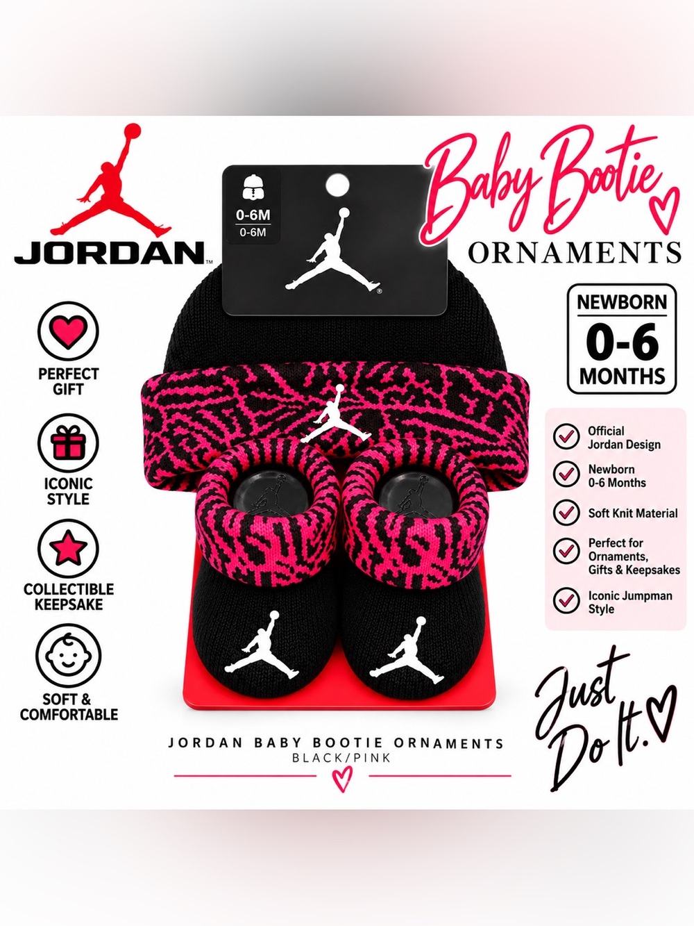 Jordan Pink/Black Logo Sport Basketball Knitted Infant Hat &Booties - Size 0-6M